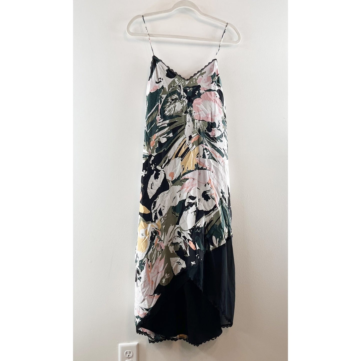 Club Monaco Kittrick Floral Sleeveless V-Neck Silk Midi Slip Dress Black Pink 0