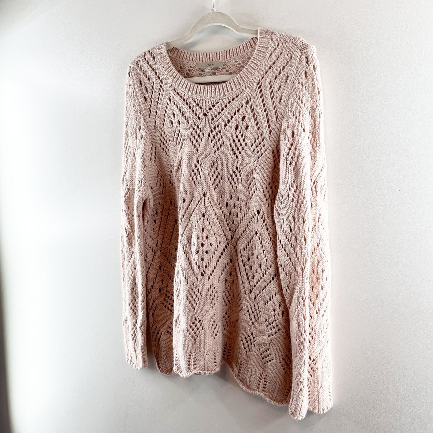 LOFT Pointelle Knit Long Sleeve Crewneck Sweater Pink XL