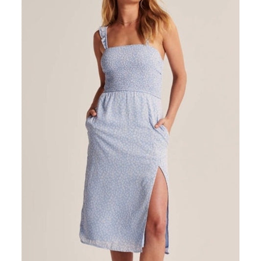 Abercrombie & Fitch Smocked Square Neck Floral Midi Slip Dress Blue Small