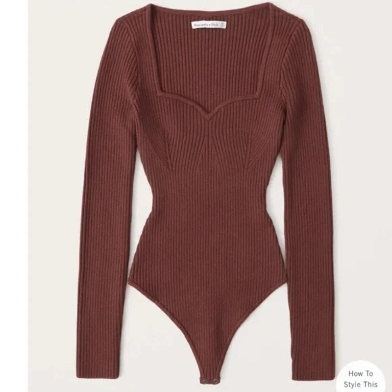 Abercrombie Sweetheart Neckline Long Sleeve Ribbed Sweater Bodysuit Brown Medium
