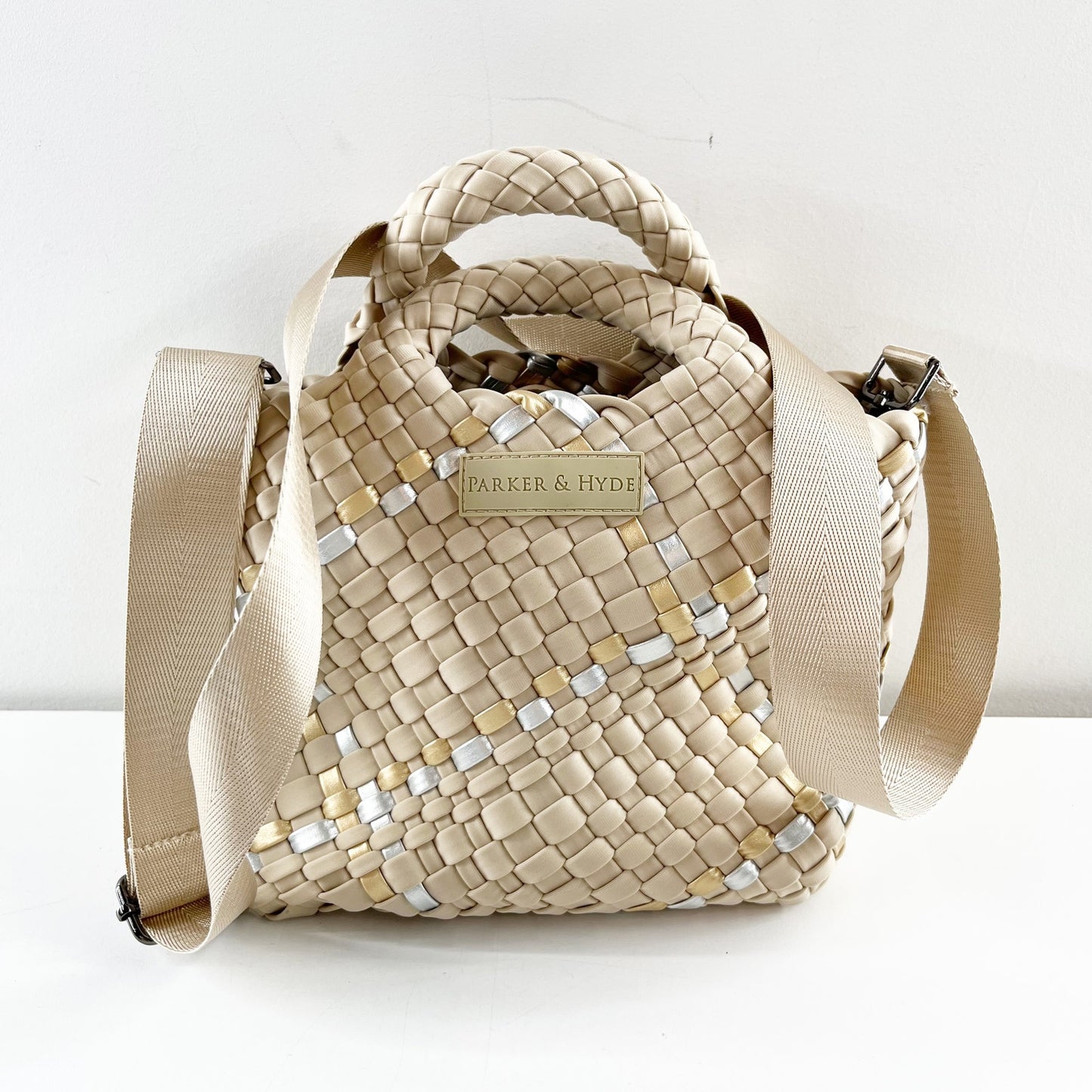 Parker & Hyde Mini Woven Tote Bag Purse with Crossbody Strap Beige Gold Metallic