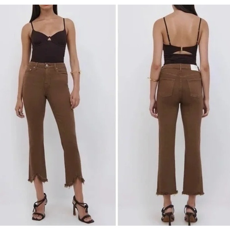 Jonathan Simkhai High Rise Fringe Hem Straight Leg Ankle Pants Brown 26 / 2
