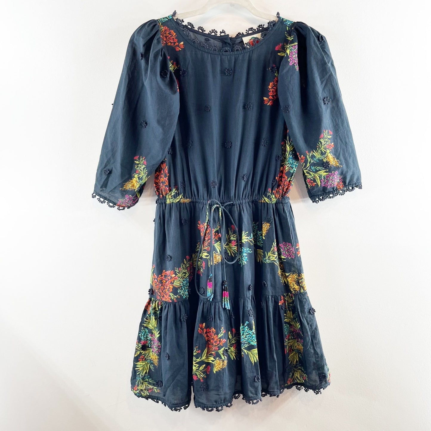 FARM Rio Louise Floral Embroidered Puff Sleeve Cotton A-Line Mini Dress Black XS