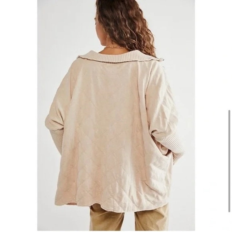 Free People Shiloh Quilted Long Sleeve Swing Sweatshirt Tan Beige Medium