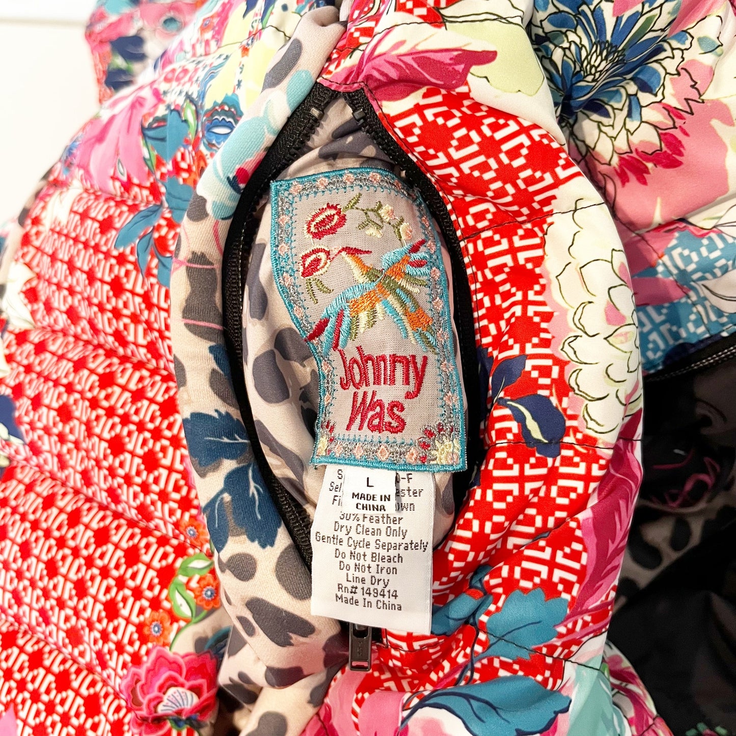 Johnny Was Lubello Reversible Full Zip Leopard Floral Puffer Jacket Black Large