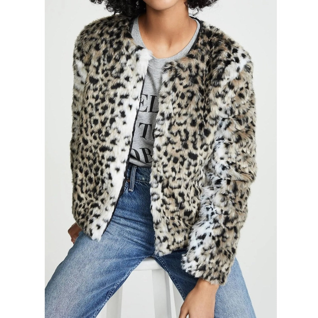 BB Dakota Wild Thing Open Faux Fur Snow Leopard Jacket Tan Black Small