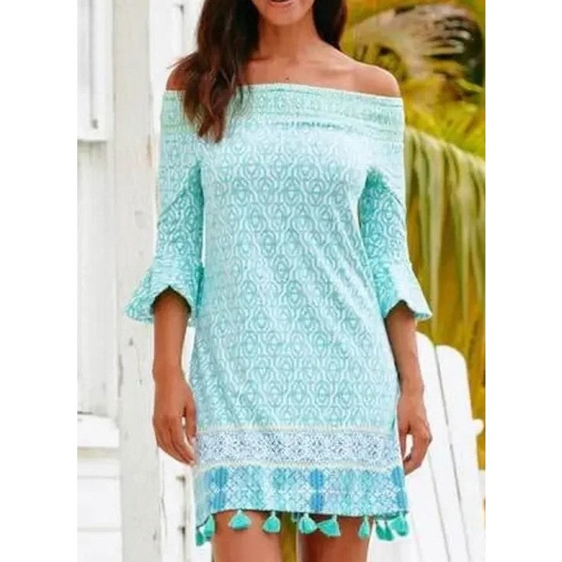 Cabana Life Geo Print 3/4 Sleeve Off Shoulder Tassel Hem Mini Dress Blue Medium