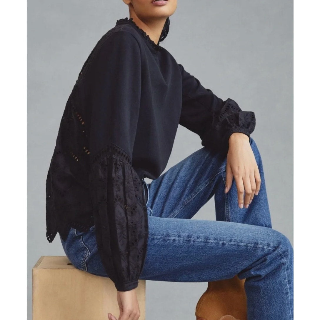 Forever that Girl Cotton Long Sleeve Lace Eyelet Lace Sweatshirt Black XL