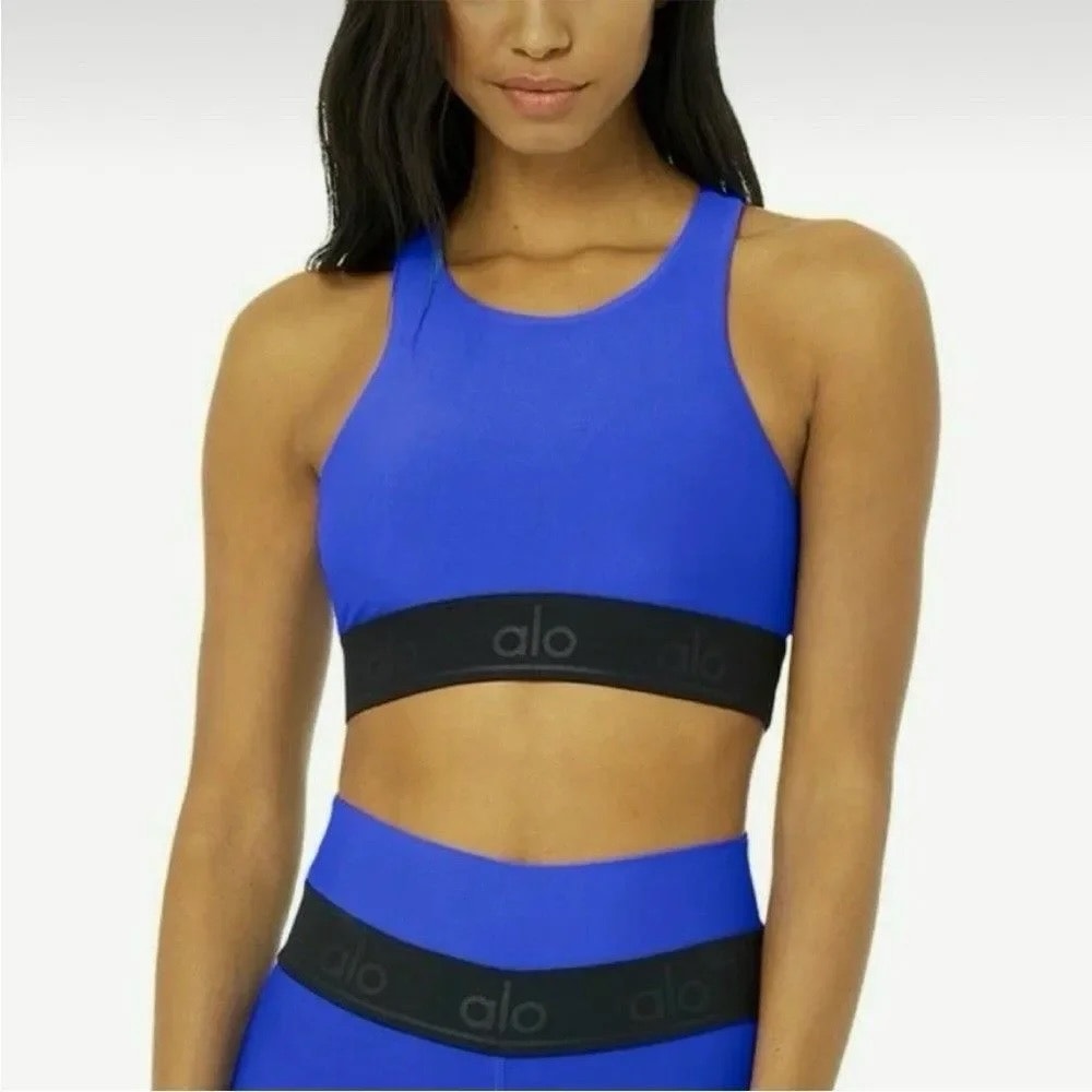 Alo Yoga Airlift Suit Up Sports Bra High Neck Cutout Black Logo Band Blue Small