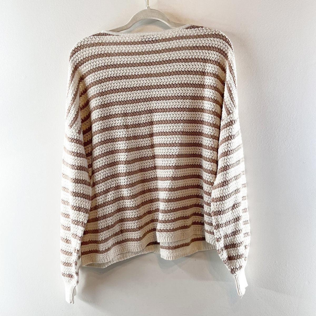 VICI Striped Long Sleeve Scoop Neck Crochet Knit Pullover Sweater Brown White L