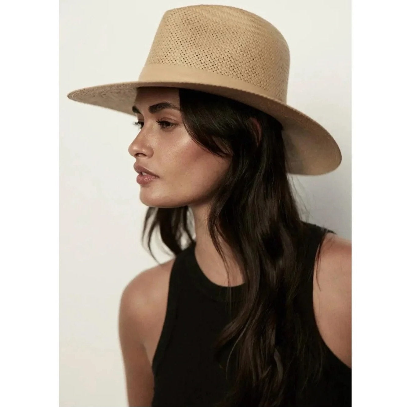 Janessa Leone Simone Woven Packable Straw Fedora Sun Hat Sand Beige Tan Small