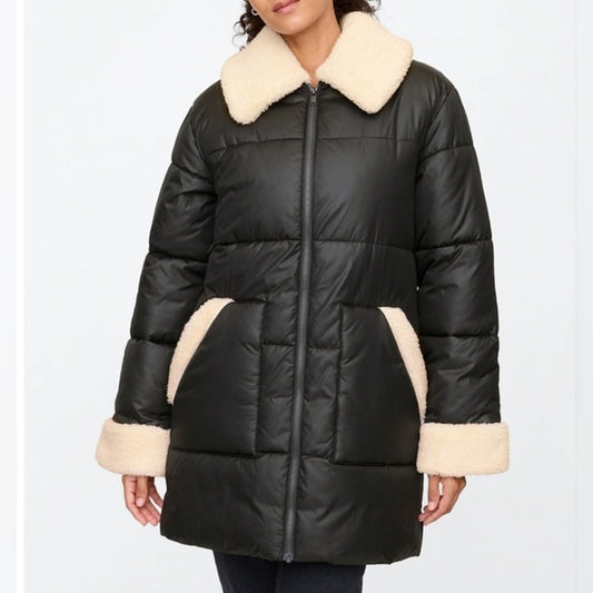 GAP Relaxed Cold Control Long Sherpa Puffer Coat Jacket Black Large