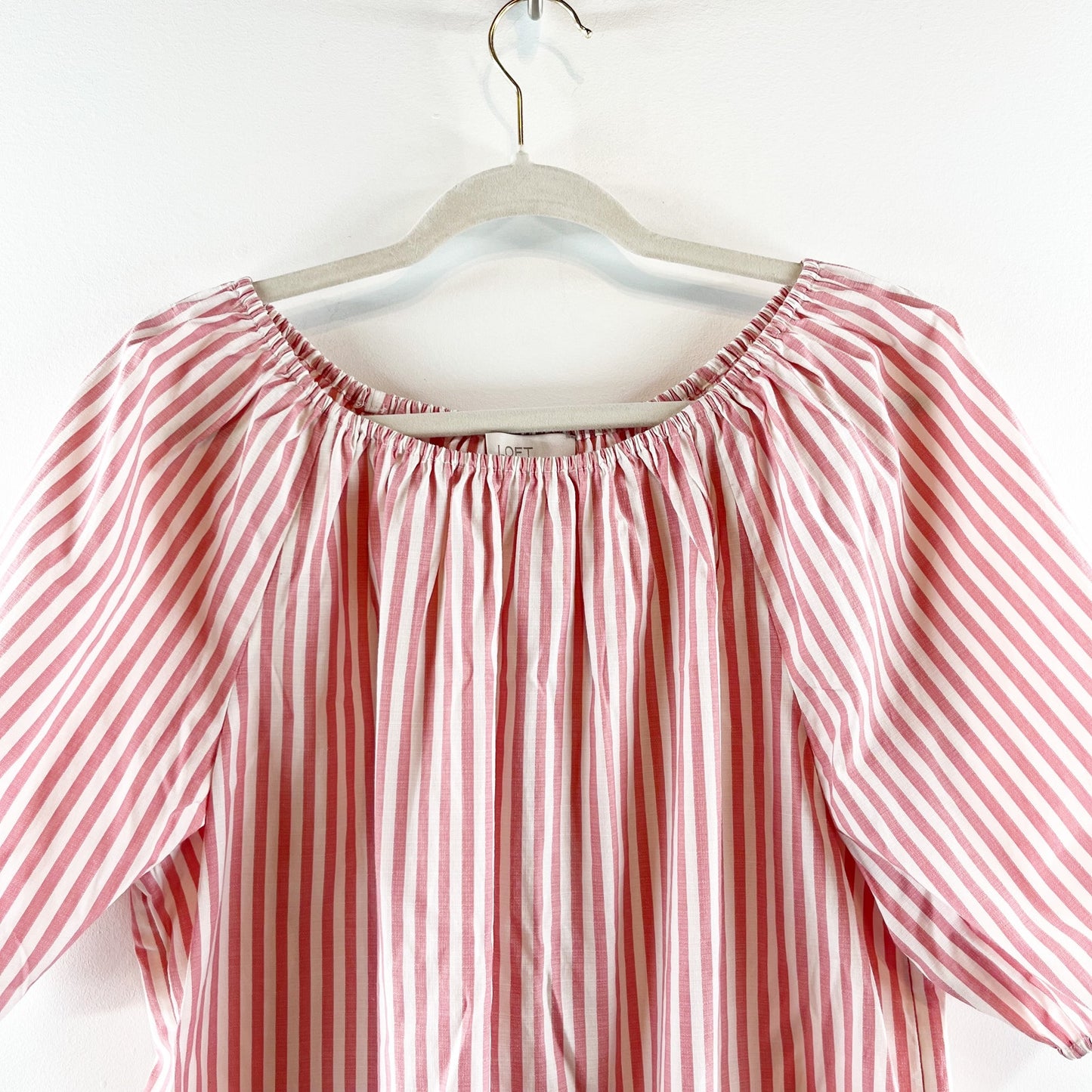 LOFT Off The Shoulder Puff Short Sleeve Blouse Top Striped Pink White Large