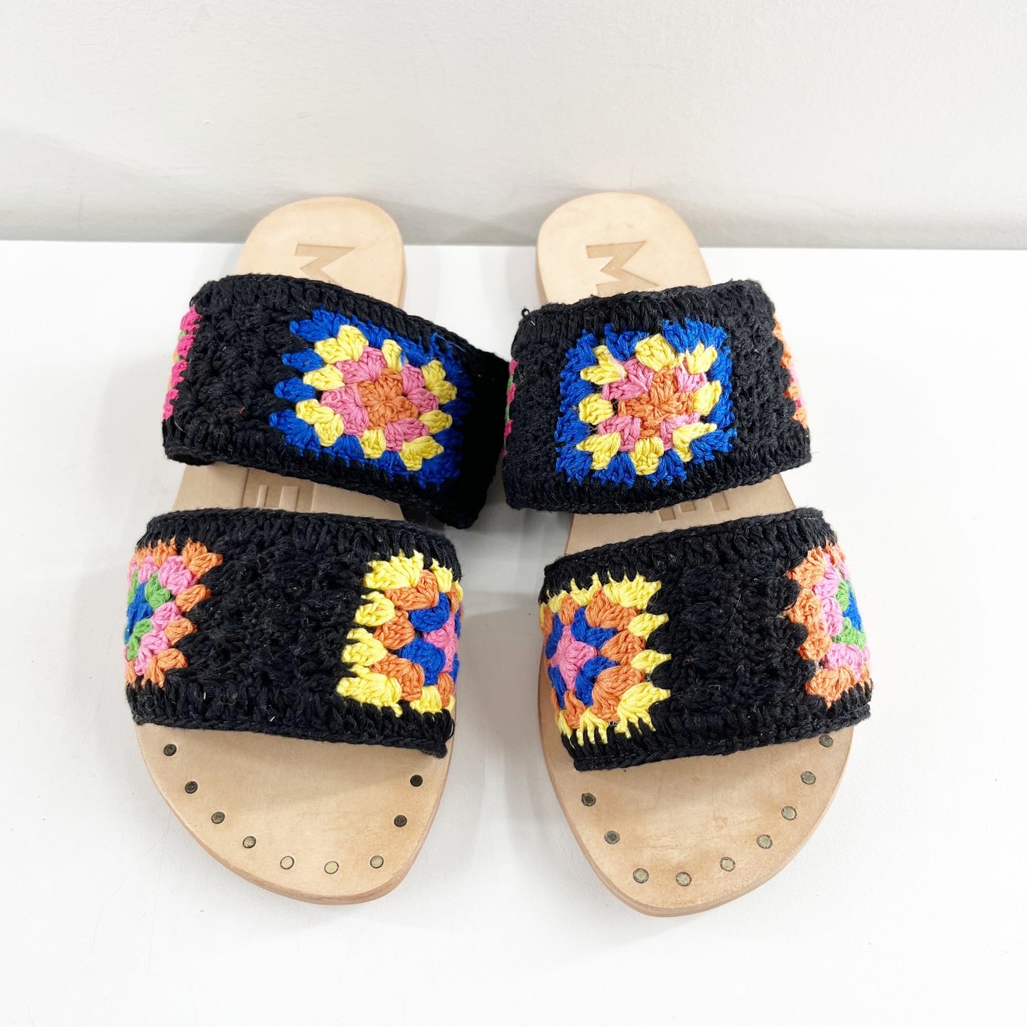 Manebi Cotton Crochet Two Strap Flat Sandals Yucatan Black Sunset Orange 38