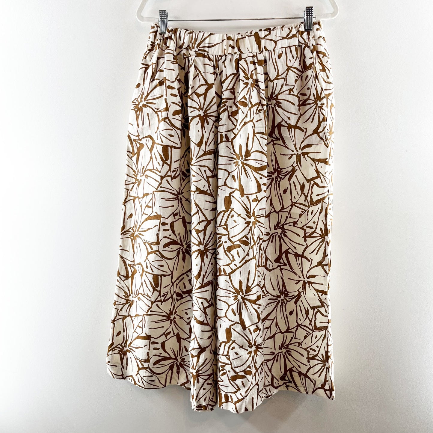 Magaschoni Linen Floral Pull On High Waisted Cropped Wide Leg Pants Brown Large