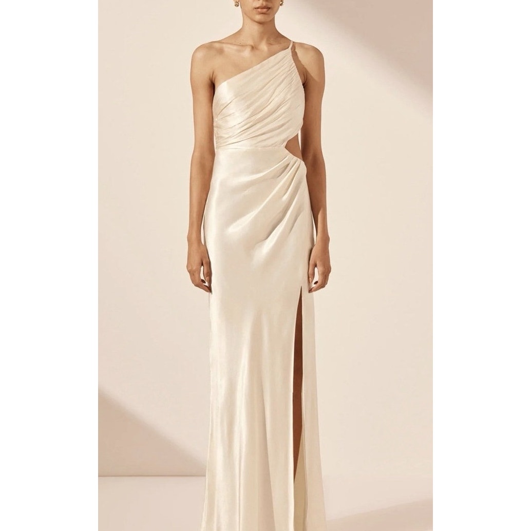Shona Joy La Lune One Shoulder Side Cutout Slit Slip Maxi Dress Gown Cream Ivory