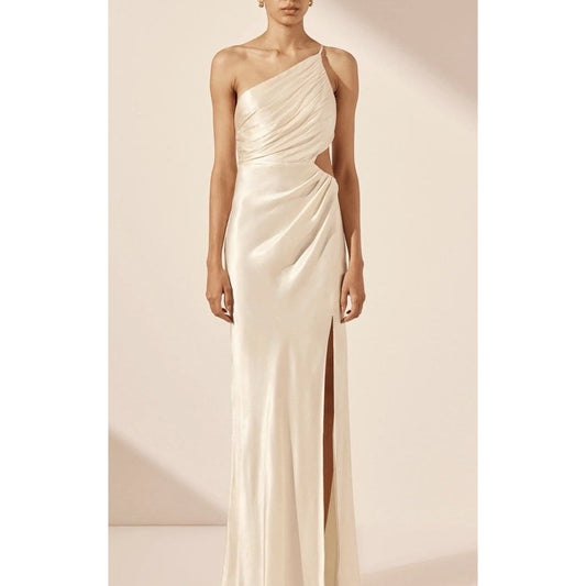 Shona Joy La Lune One Shoulder Side Cutout Slit Slip Maxi Dress Gown Cream Ivory
