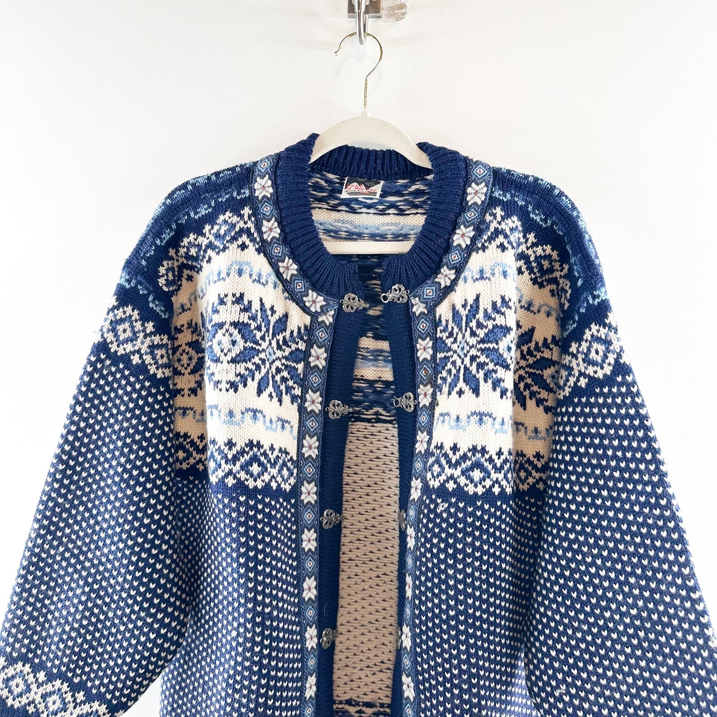 Dale of Norway Wool Fair Isle Long Cardigan Sweater Blue White Large