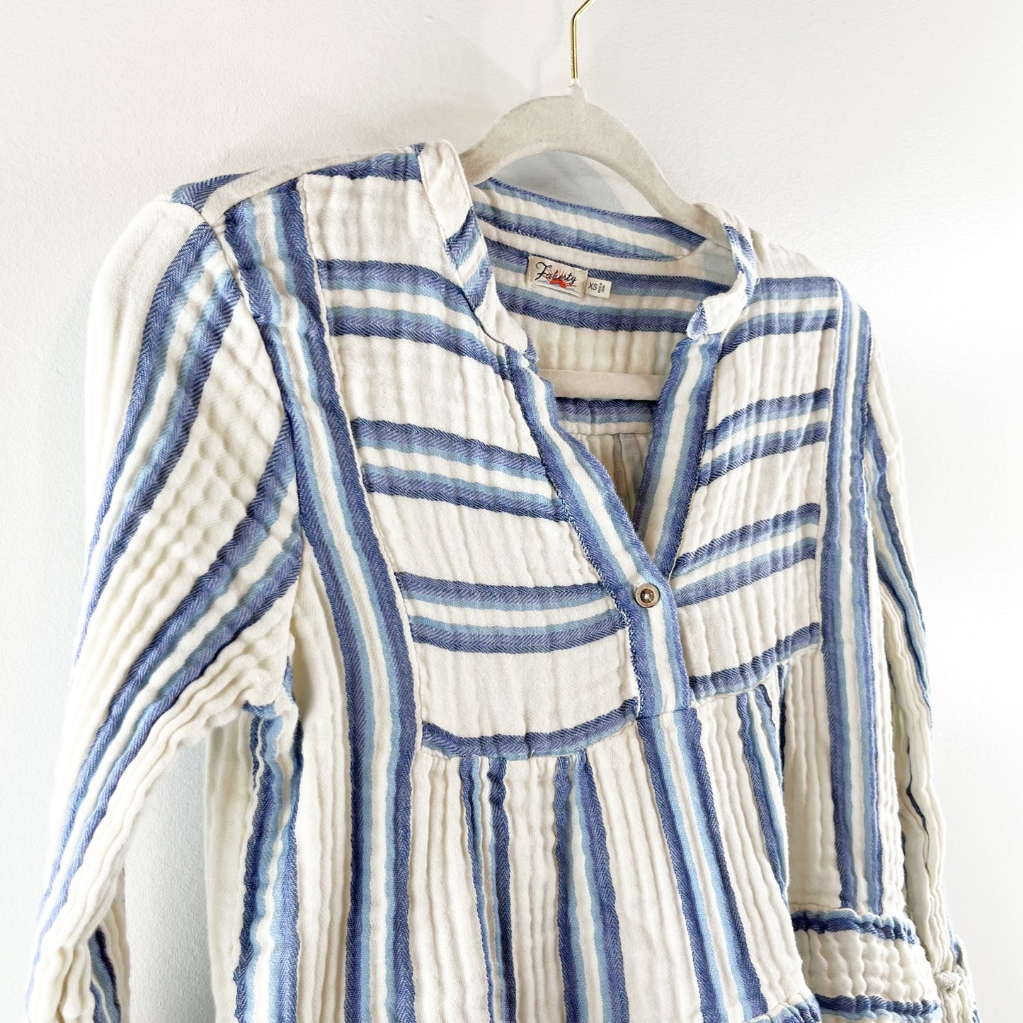 Faherty Vida Baja Striped Gauzy Cotton Long Sleeve Top Blouse White Blue XS