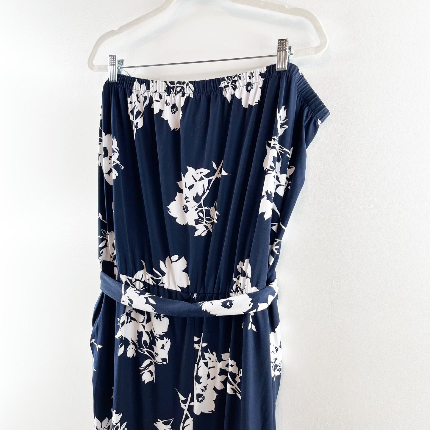 Lane Bryant Strapless Wide Leg Floral Belted Stretch Jumpsuit Navy Blue 26/28