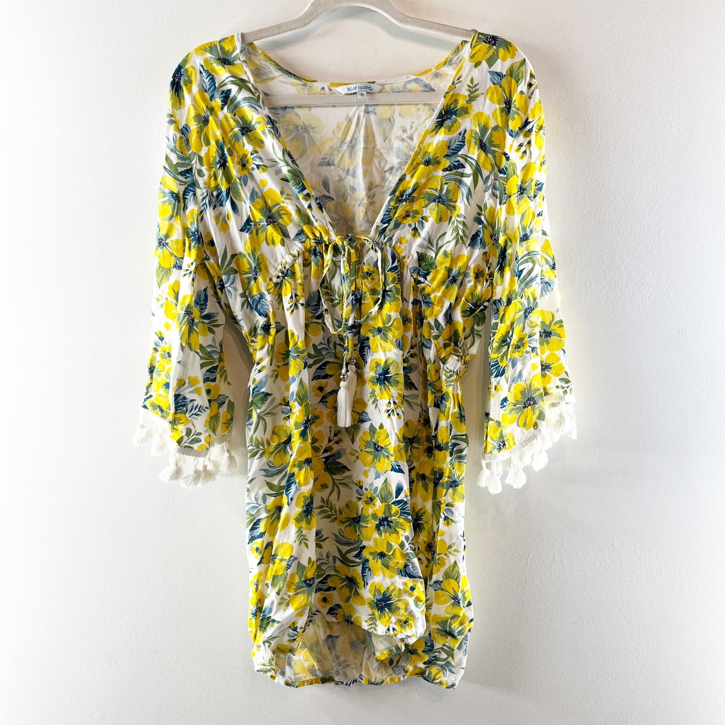 Blue Island Lemon V-Neck Flare Sleeve Mini Cover Up Mini Dress Yellow Medium