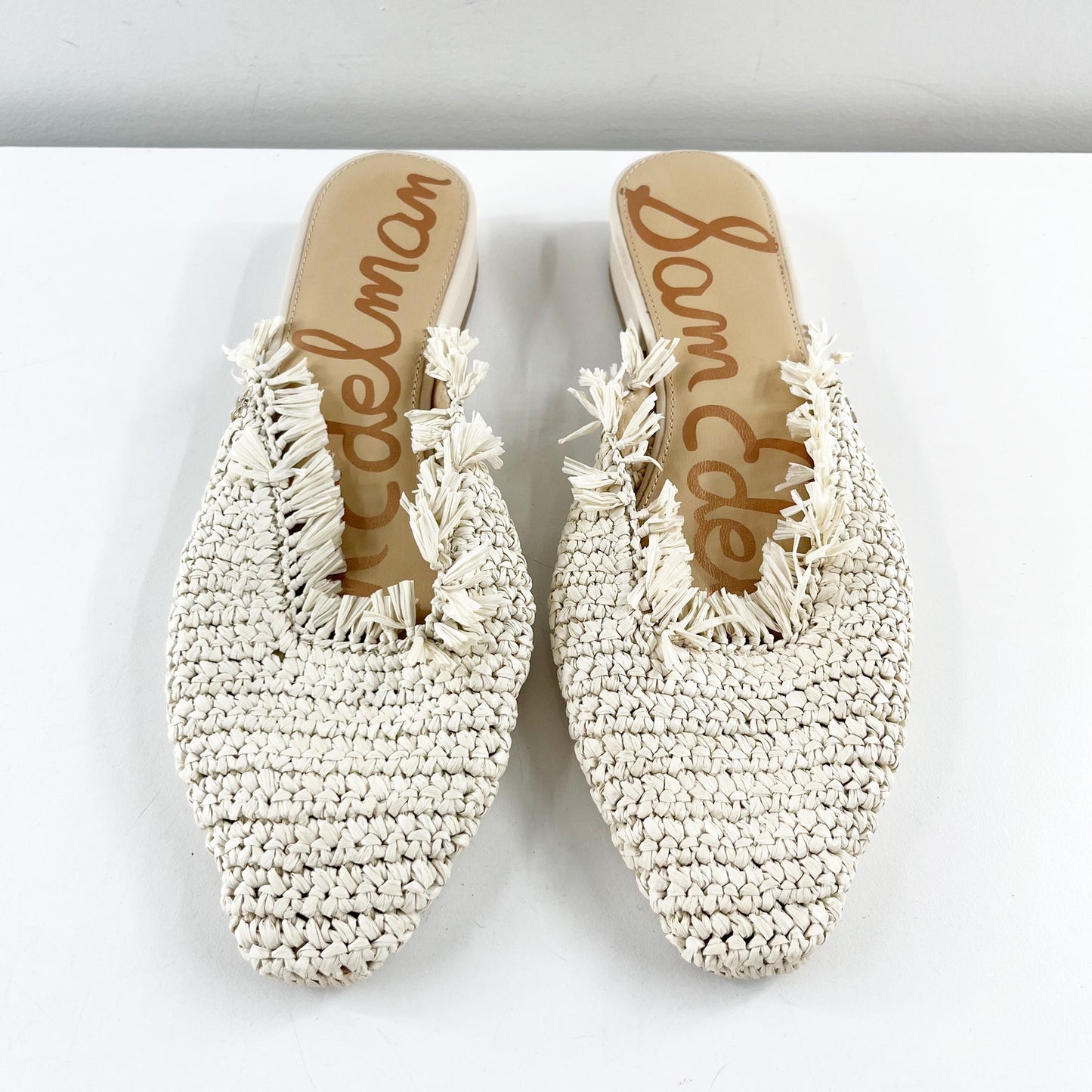 Sam Edelman Reeta Raffia Fringe Boho Square Toe Mule Loafer Cream 10