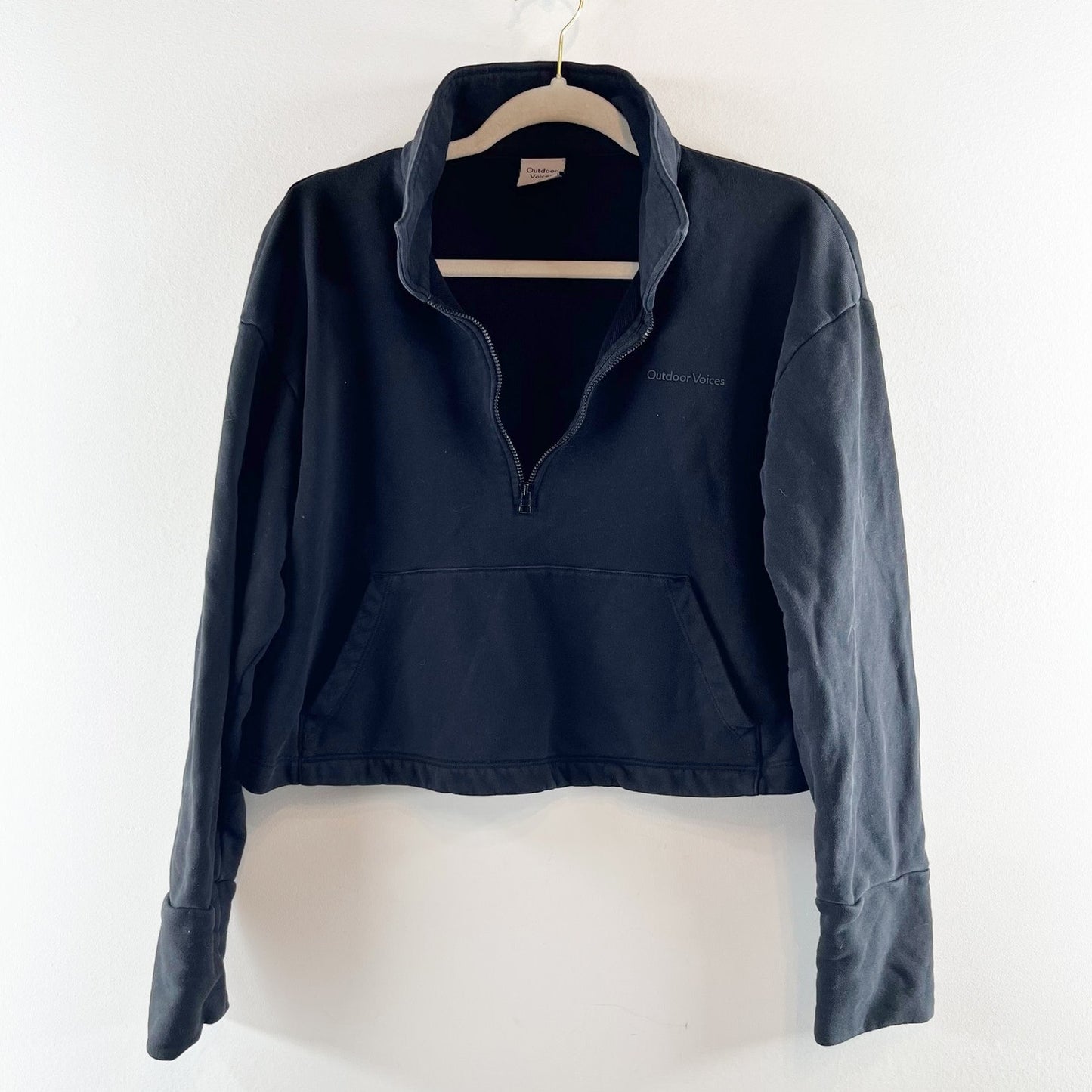 Outdoor Voices Pickup Cotton 1/4 Zip Cropped Pullover Sweatshirt Black Medium