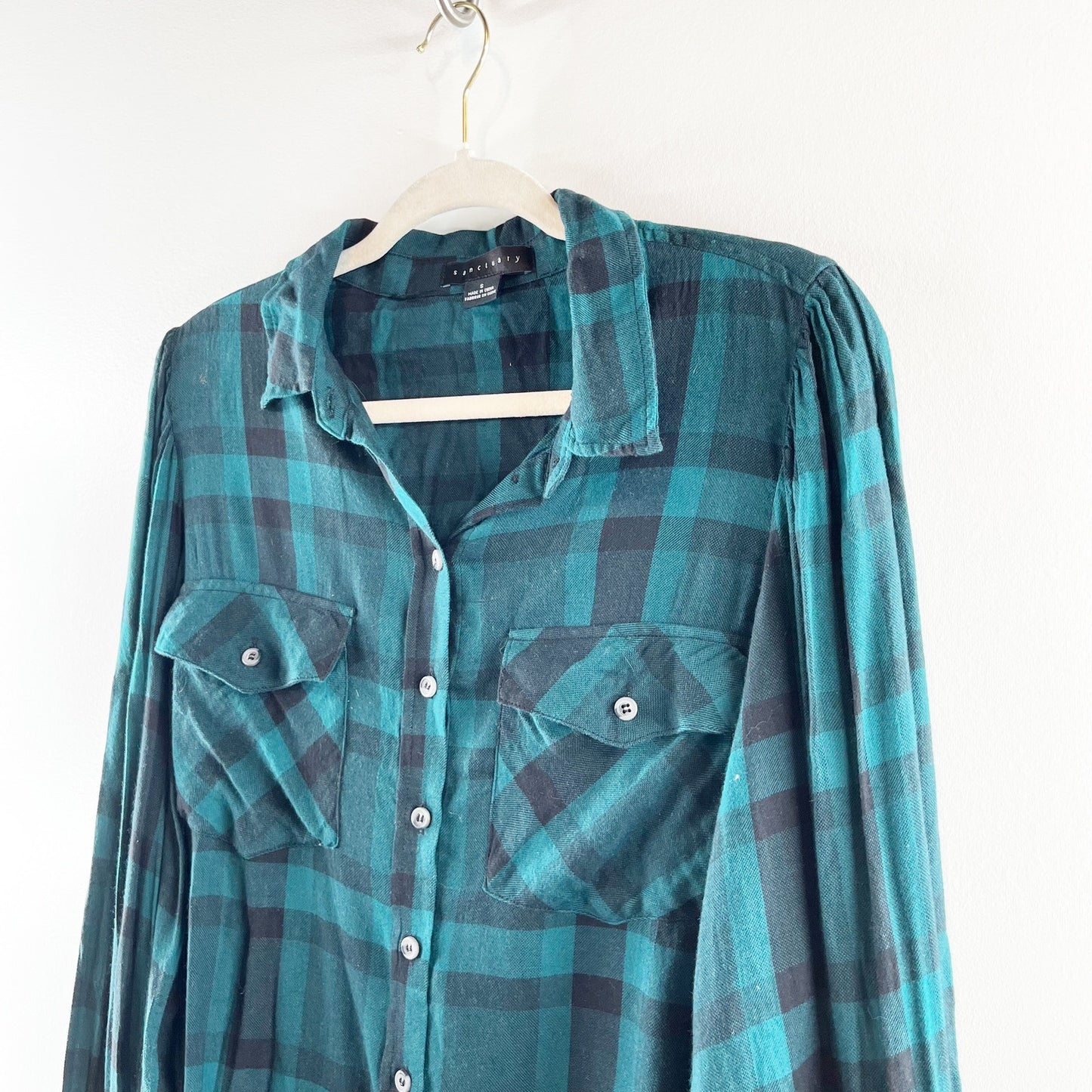 Sanctuary Fireside Boyfriend Button Down Plaid Shirt Teal Green Black Small