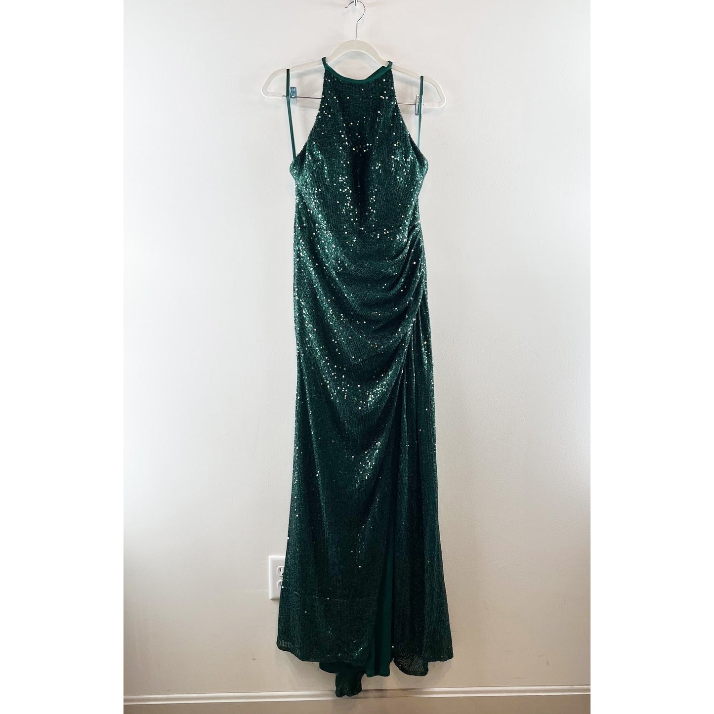 Ieena for Mac Duggal Sequin Formal Halter Maxi Gown Dress Bottle Green 10