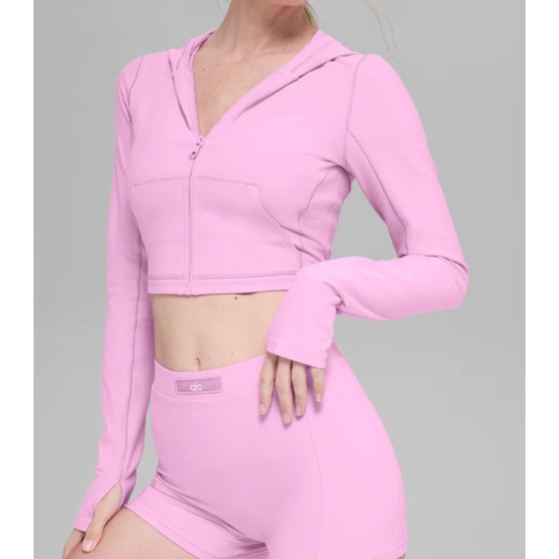 Alo Alosoft Sincere Fitted Full Zip Cropped Hoodie Jacket Candy Heart Pink Small