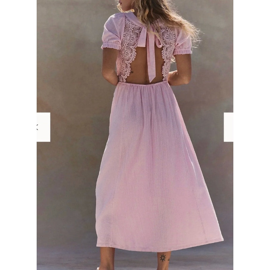 Free People All You Need Is Lace Short Sleeve Cotton Midi Dress Pink Large