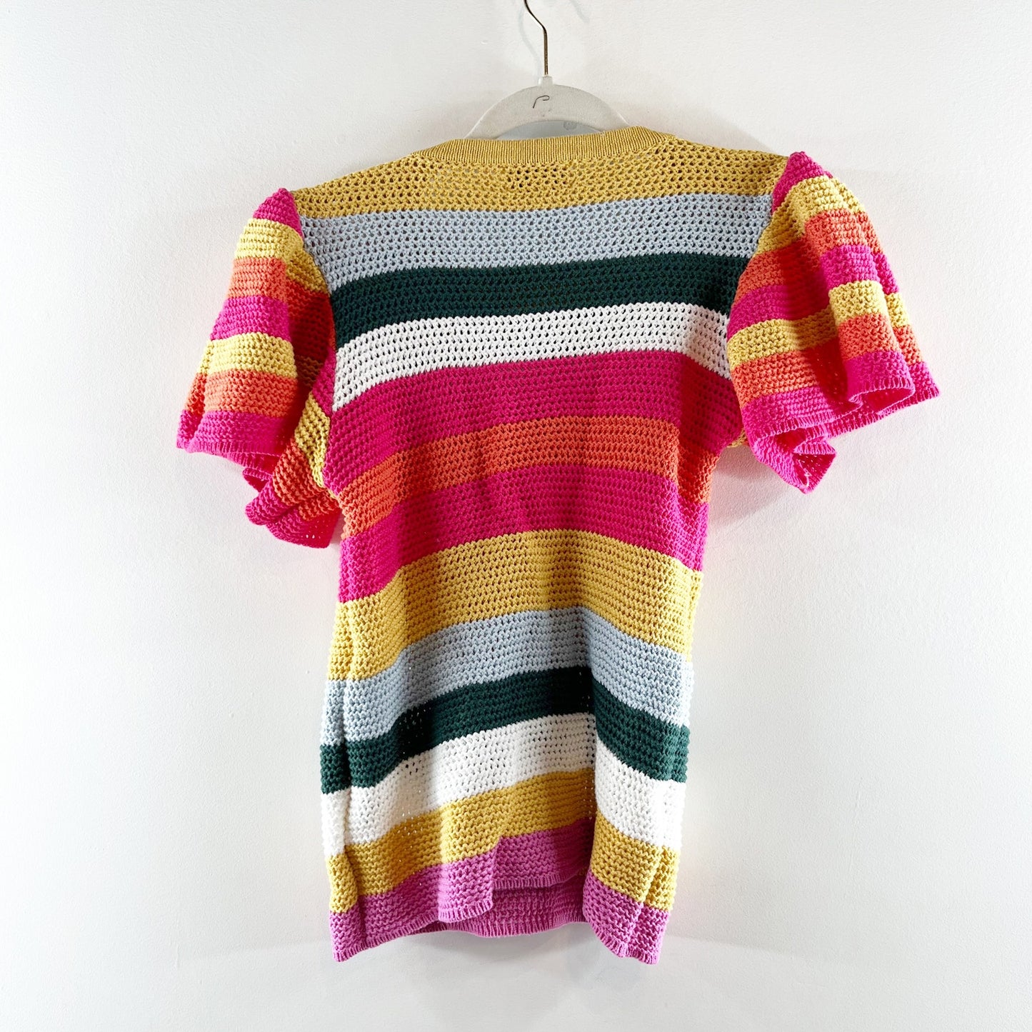 Evereve Haven Flutter Short Sleeve Crochet Knit Sweater Top Rainbow Pink Small