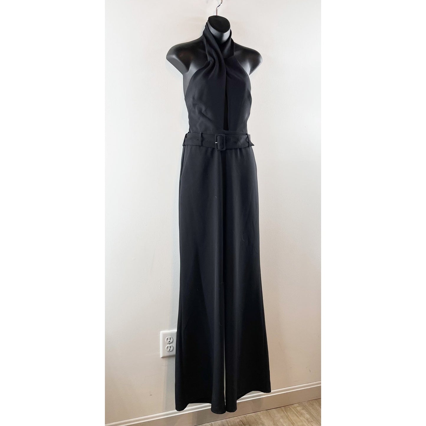 INTERMIX Motobi Halter Neck Keyhole Front Belted Wide Leg Jumpsuit Black Medium