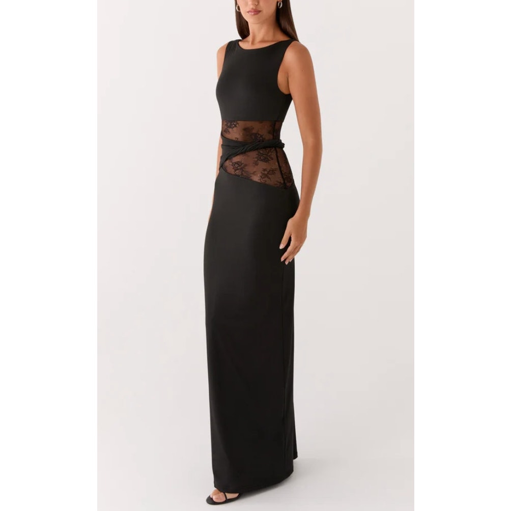 Peppermayo Karma Sheer Lace Panel Maxi Dress Black 12