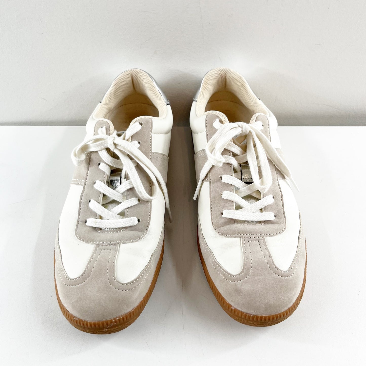 J. Crew Faux Suede Leather Low Top Field Sneakers Metallic Multi Cream Gray 8