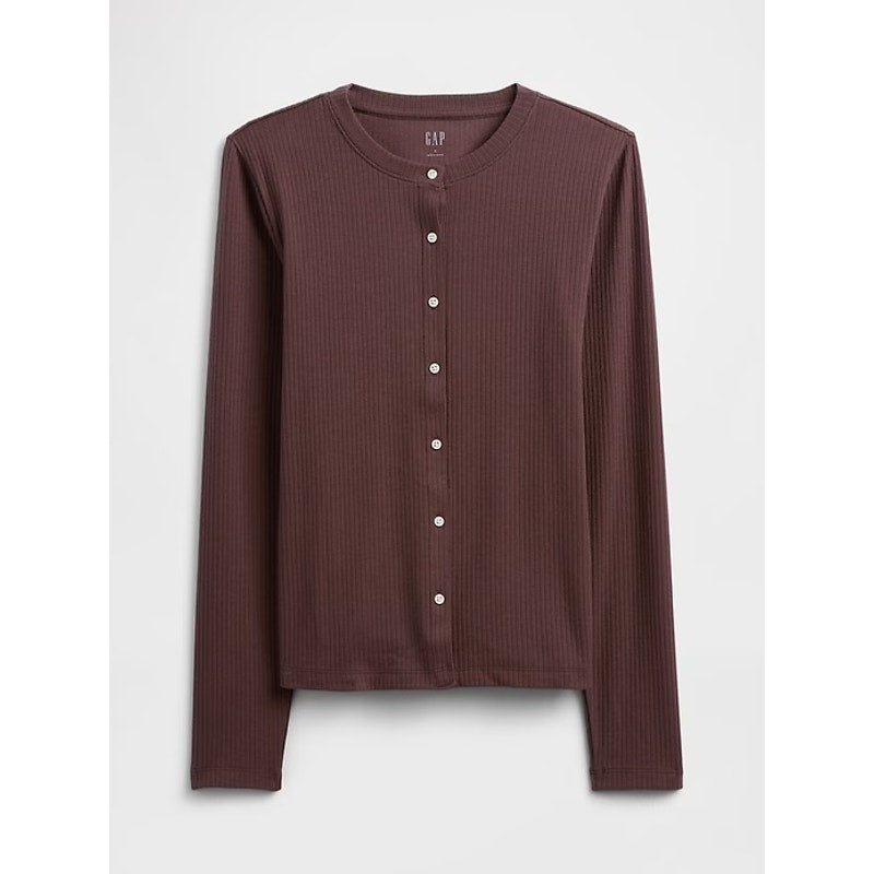 GAP Ribbed Button Up Long Sleeve Top Chocolate Brown Small