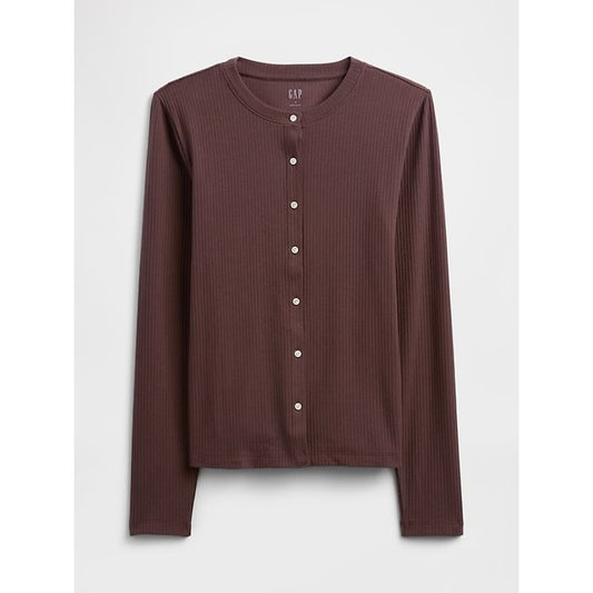 GAP Ribbed Button Up Long Sleeve Top Chocolate Brown Small