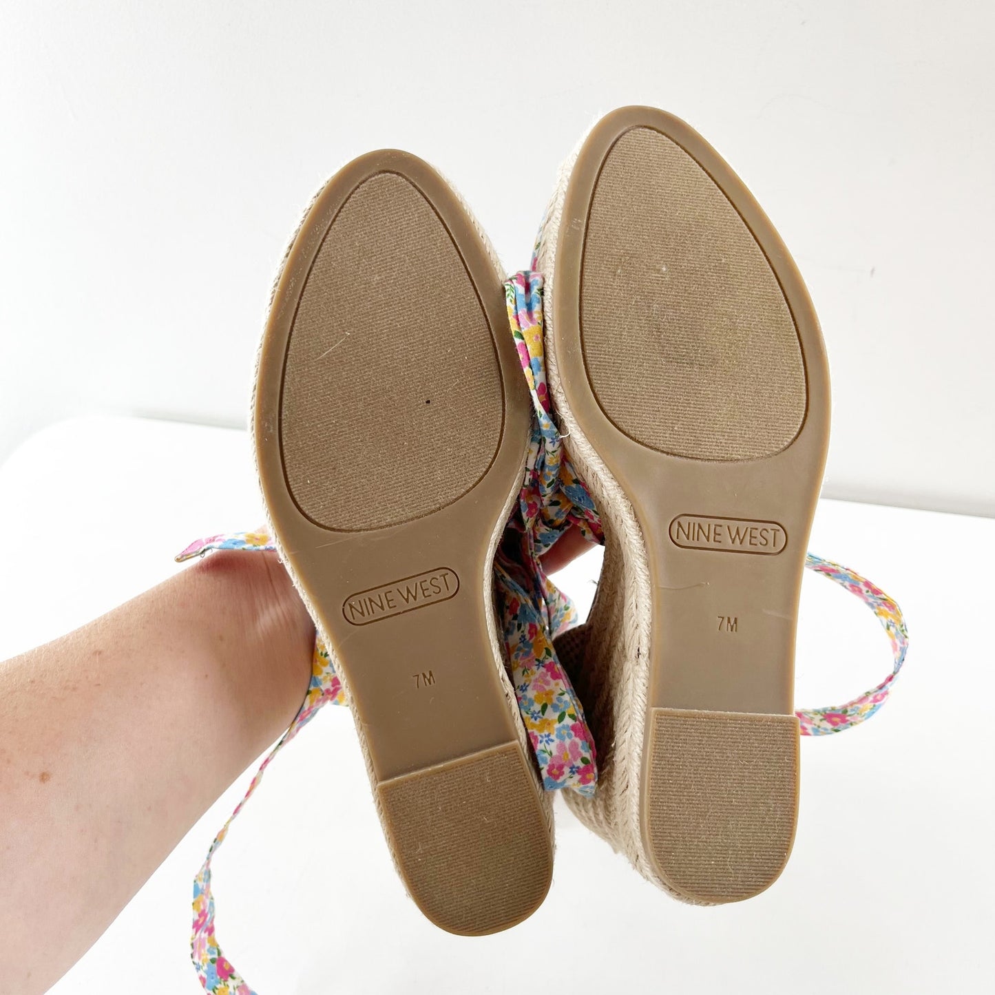 Nine West Friend Ditzy Floral Ankle Wrap Espadrille Wedge Sandals Pink Blue 7