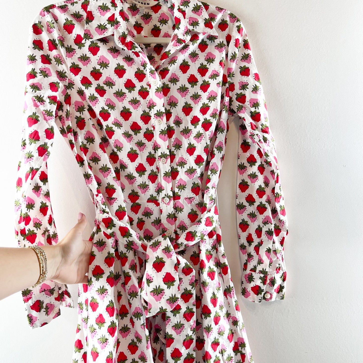 Boden Amy Cotton Strawberry Pop Midi Shirt Dress White Pink Red 8