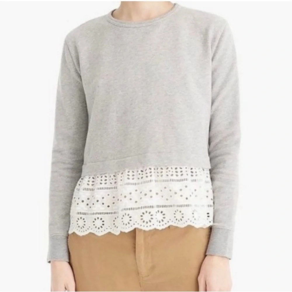 J. Crew Long Sleeve Crew Neck Eyelet-Hem Sweatshirt Gray White XXL