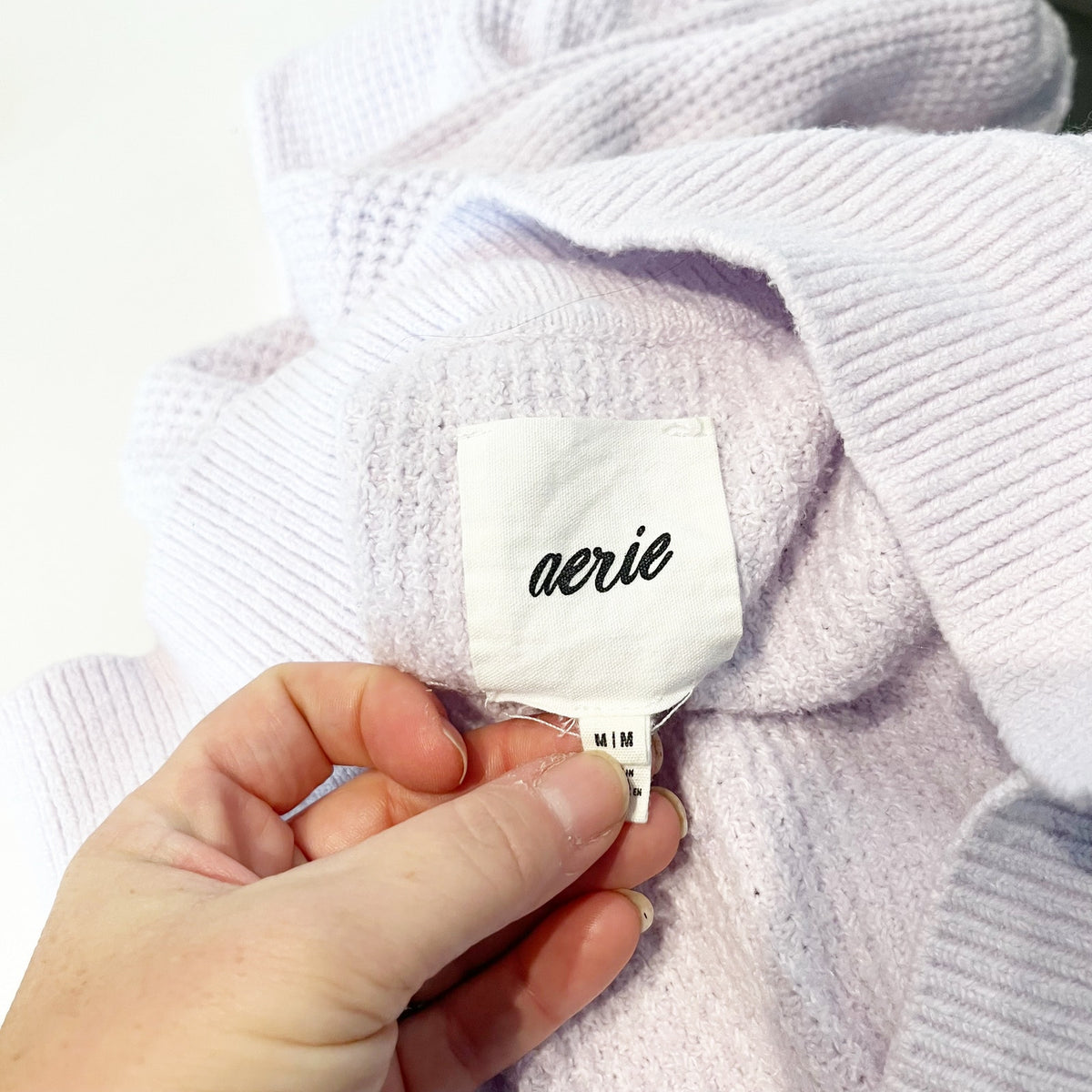Aerie CozyUp Waffle Long Sleeve Pullover Polo Sweater Light Lavender Medium