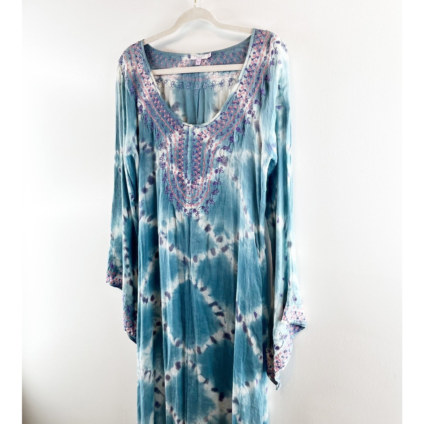 Calypso St. Barth Tie Dye Long Sleeve Scoop Neck Maxi Cover Up Dress Blue Large