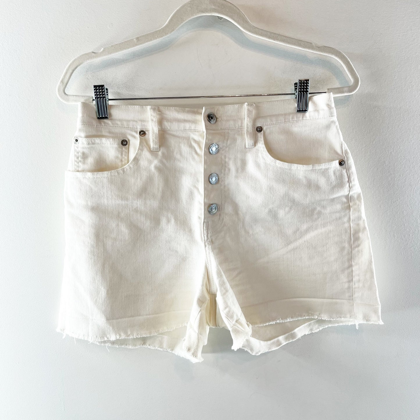 J. Crew High-Rise Raw Hem Stretch Denim Button Fly Jean Shorts Cream 28