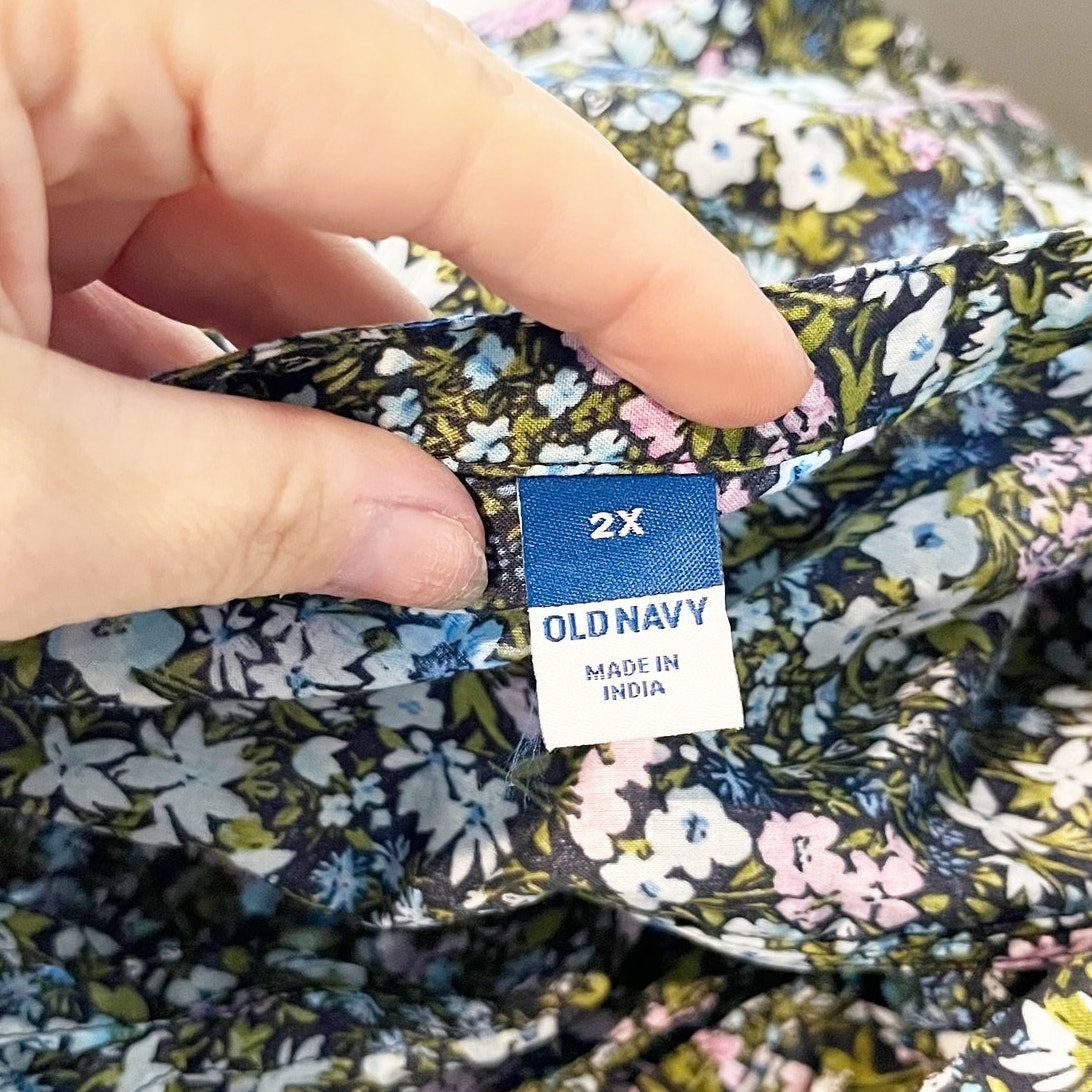 Old Navy Pintucked Cropped Boxy Long Sleeve Floral Blouse Shirt Blue Green 2X