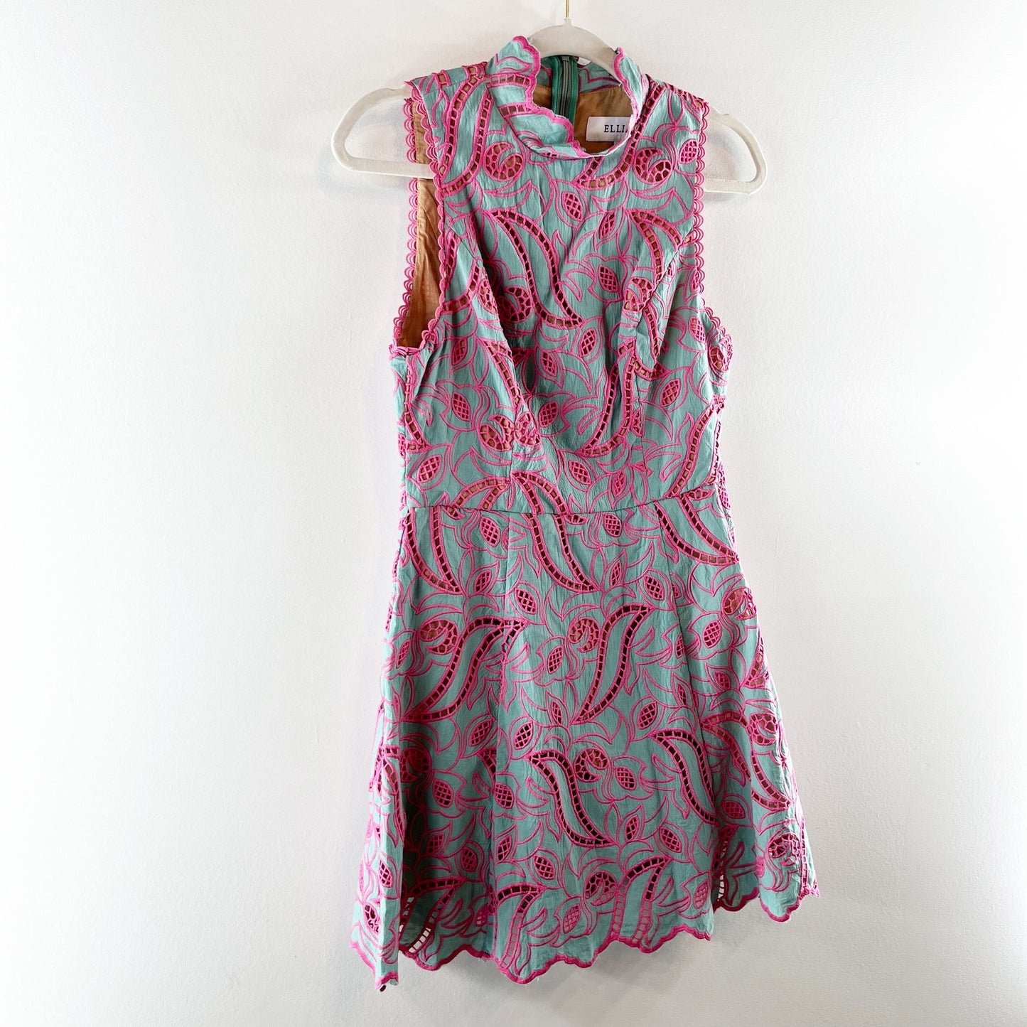 Elliatt Sleeveless Embroidered A Line Mini Dress Green Pink Small