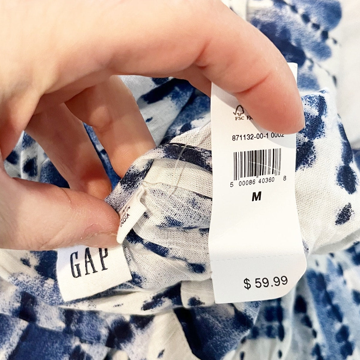 GAP V Neck Tie Dye Belted Tie Waist Short Sleeve Cotton Mini Dress Blue White M