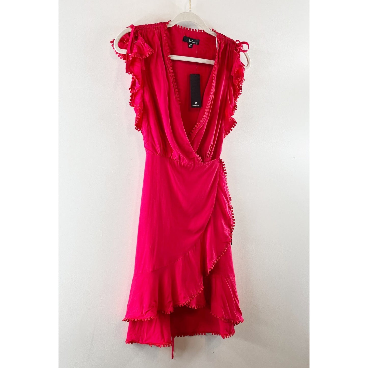 Lulus Sleeveless Ruffle Trim Tie Shoulder Surplice V-Neck Wrap Mini Dress Red XS