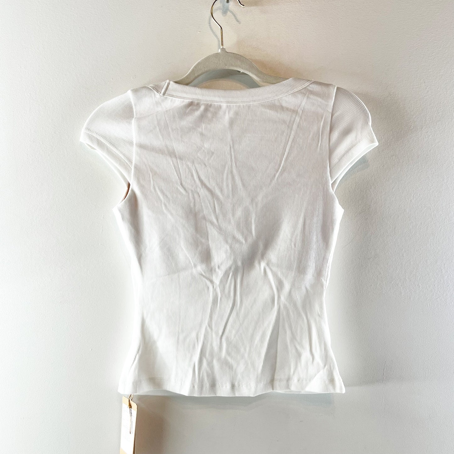 OGL Stretch Cotton Square Neck Cap Sleeve T-Shirt Top with Built-in Bra White S