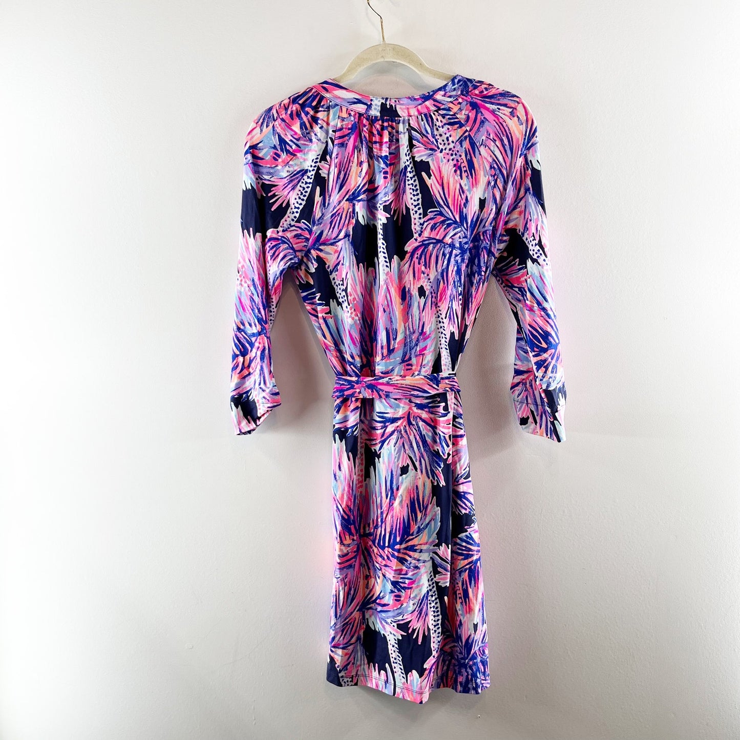 Lilly Pulitzer Bailor Palms Up Jersey Belted Mini Shirt Dress Bright Navy Pink S