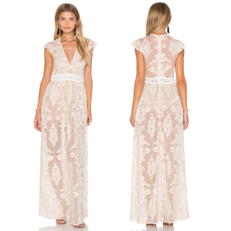 For Love & Lemons Violetta Embroidered Mesh Lace Maxi Dress Nude Ivory White L